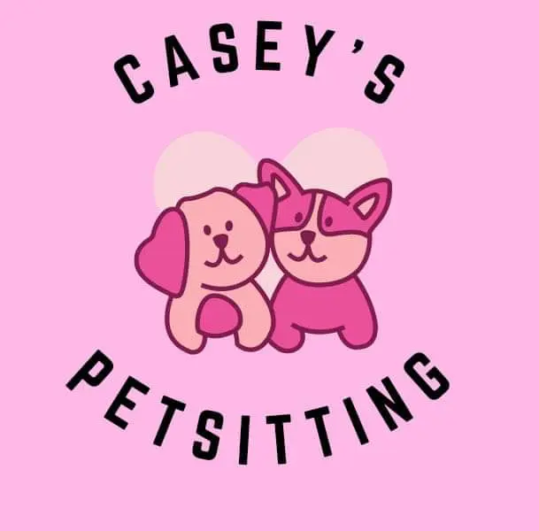 A pink logo with two dogs and the name of casey 's petsitting.